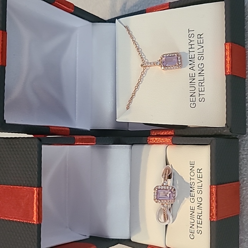 ROSE GOLD GENUINE AMETHYST STERLING SILVER 18" PENDANT & MATCHING RING